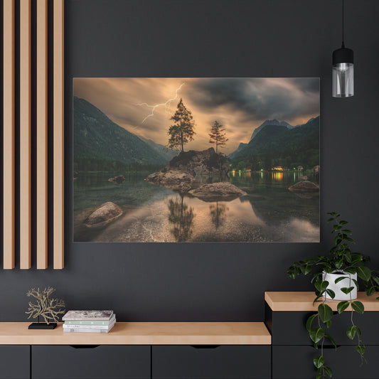 Stunning Nature Canvas Print - Lightning Over Tranquil Lake Scene